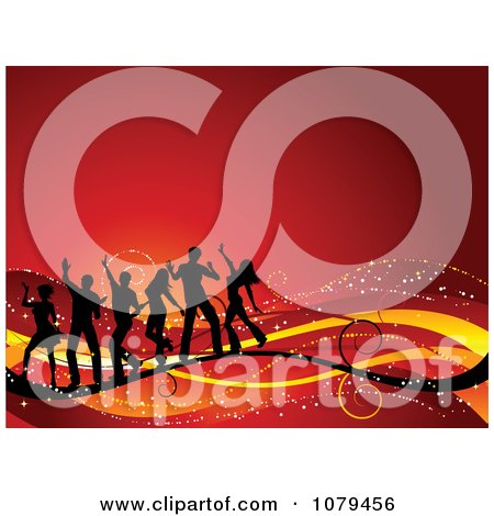 Clipart Silhouetted Dancers On Swooshes Over Red - Royalty Free Vector Illustration by KJ Pargeter