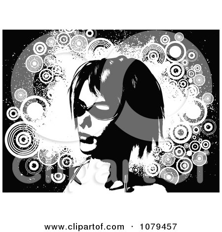 Clipart Black And White Woman Wearing Sunglasses Over Grungy Circles - Royalty Free Vector Illustration by KJ Pargeter