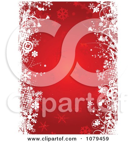 Clipart Red Grungy Christmas Winter Background With Foliage And Snowflakes - Royalty Free Vector Illustration by KJ Pargeter