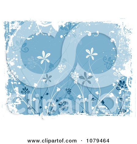 Clipart Blue Floral Grunge Background With Tall Flowers And White Edges - Royalty Free Vector Illustration by KJ Pargeter