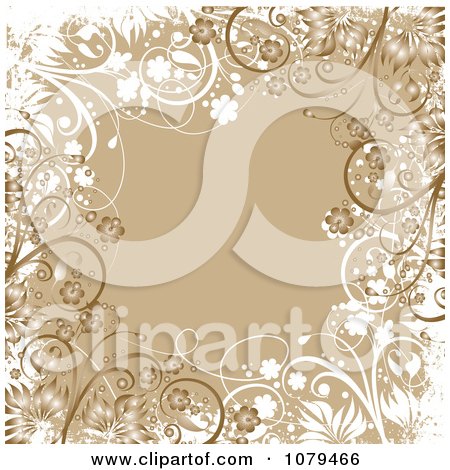 Clipart Tan Floral Grunge Background With Flowers - Royalty Free Vector Illustration by KJ Pargeter