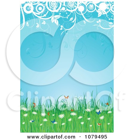 Clipart Summer Background With Butterflies Wildflowers Circles And Foliage - Royalty Free Vector Illustration by KJ Pargeter