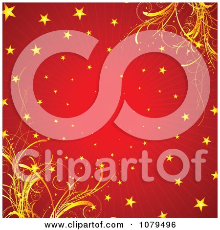 Clipart Red Burst With Gold Stars And Foliage Background - Royalty Free Vector Illustration by KJ Pargeter