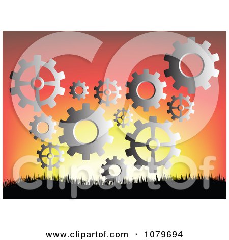 Clipart Silver Gear Cogs Against A Sunset - Royalty Free Vector Illustration by Andrei Marincas