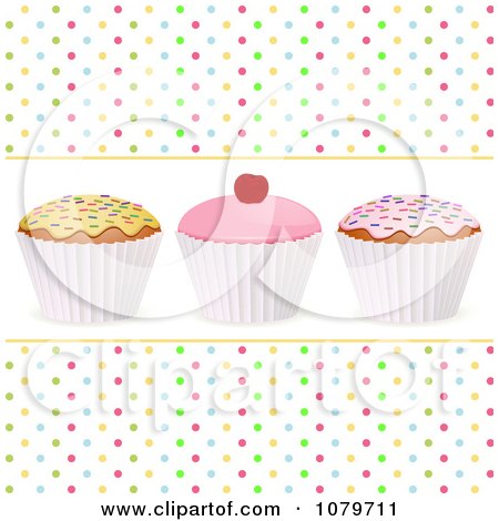 Clipart 3d Cupcakes With Sprinkles And A Cherry Over Colorful Polka Dots - Royalty Free Vector Illustration by elaineitalia