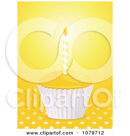 Clipart 3d Yellow Birthday Cupcake Over Polka Dots - Royalty Free Vector Illustration by elaineitalia