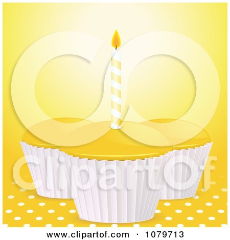 Clipart 3d Yellow Birthday Cupcakes Over Polka Dots - Royalty Free Vector Illustration by elaineitalia
