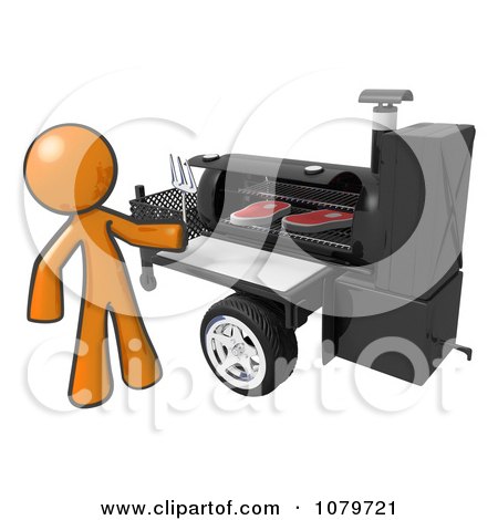 Clipart 3d Orange Man Grilling Steaks On A Bbq - Royalty Free CGI Illustration by Leo Blanchette