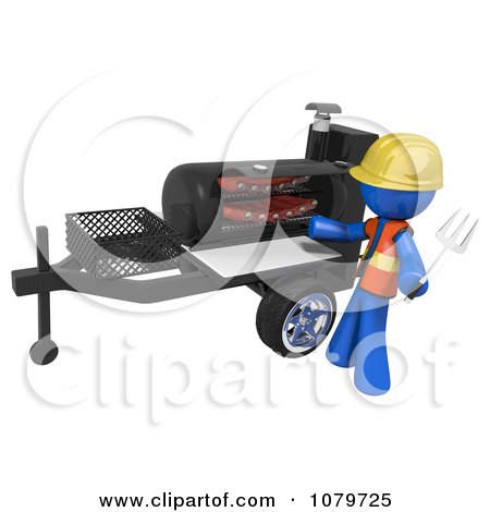 Clipart 3d Blue Man Grilling Ribs On A BBQ - Royalty Free CGI Illustration by Leo Blanchette