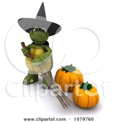 Clipart 3d Halloween Tortoise Witch With A Broom And Pumpkins - Royalty Free CGI Illustration by KJ Pargeter