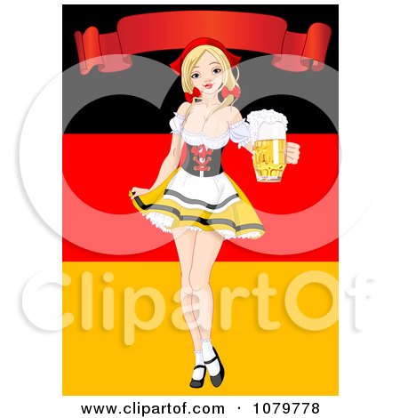 Clipart Oktoberfest Pinup Holding Out A Pint Of Beer Under A Banner And Over A German Flag - Royalty Free Vector Illustration by Pushkin