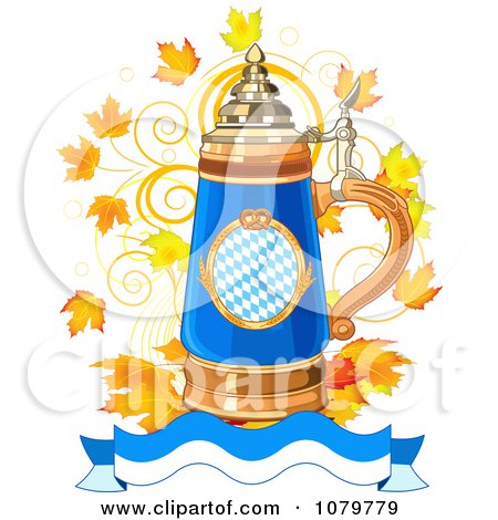 Clipart Blue Oktoberfest Beer Stein With Autumn Leaves And A Wavy Banner - Royalty Free Vector Illustration by Pushkin