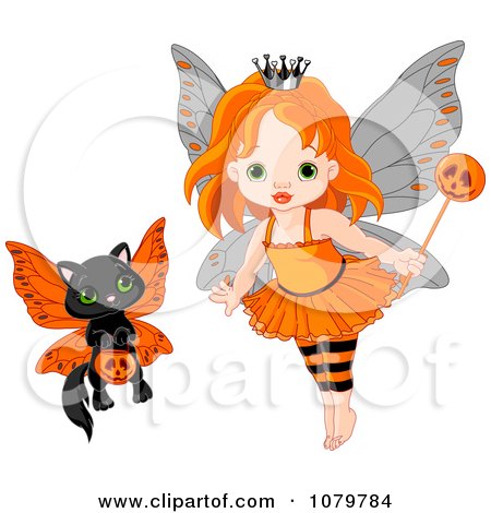 Clipart Halloween Fairy Girl And Kitten - Royalty Free Vector Illustration by Pushkin