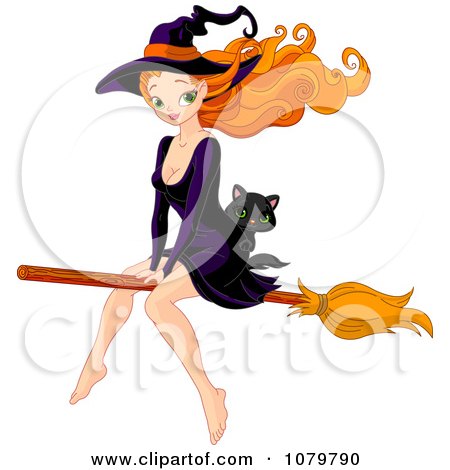 Clipart Beautiful Witch Riding A Broomstick With A Kitten - Royalty Free Vector Illustration by Pushkin