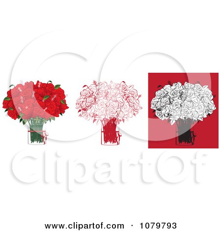 Clipart Sets Of Two Dozen Red And Black Floral Arrangements Of Roses In Vases - Royalty Free Vector Illustration by Vitmary Rodriguez