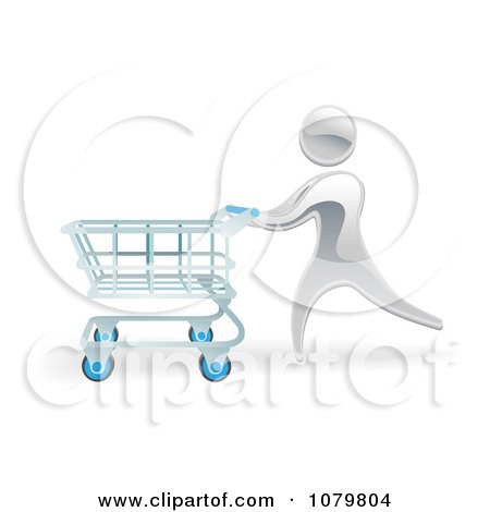 Clipart 3d Silver Person Pushing A Shopping Cart - Royalty Free Vector Illustration by AtStockIllustration