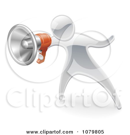 Clipart 3d Silver Person Announcing With A Megaphone - Royalty Free Vector Illustration by AtStockIllustration
