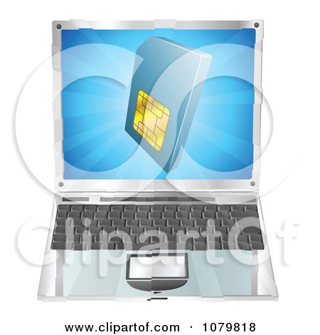 Clipart 3d Blue SIM Card Over A Laptop Computer - Royalty Free Vector Illustration by AtStockIllustration