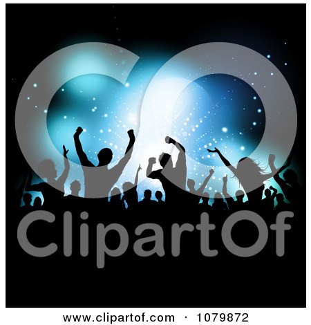 Clipart Silhouetted Dancing Crowd Over Blue Stage Lighting - Royalty Free Vector Illustration by KJ Pargeter