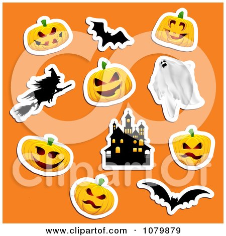 Clipart Jackolantern Ghost Witch Haunted House And Bat Halloween Stickers On Orange - Royalty Free Vector Illustration by KJ Pargeter