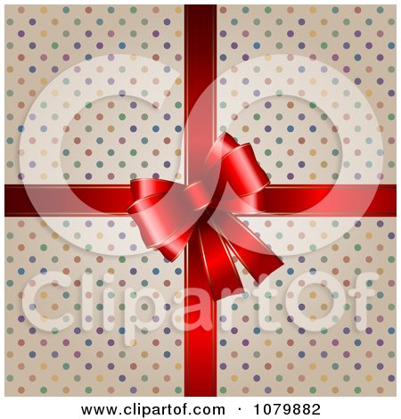 Clipart Colorful Polka Dot Gift Box With A 3d Red Bow - Royalty Free Vector Illustration by KJ Pargeter