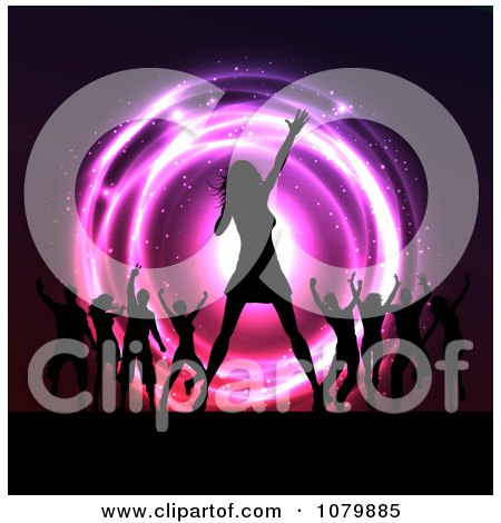 Clipart Silhouetted Singer And Dancers On Stage At A Concert Over Neon Lights - Royalty Free Vector Illustration by KJ Pargeter