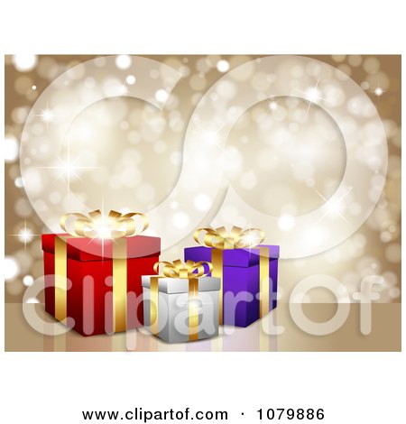 Clipart Golden Sparkly Background With 3d Gifts - Royalty Free Vector Illustration by KJ Pargeter