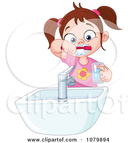 Clipart Brunette Girl Brushing Her Teeth Over A Sink - Royalty Free Vector Illustration by yayayoyo