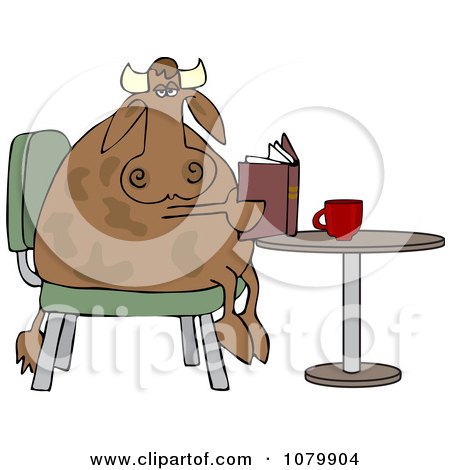 Clipart Cow Sitting At A Table And Reading A Book With Coffee - Royalty Free Vector Illustration by djart