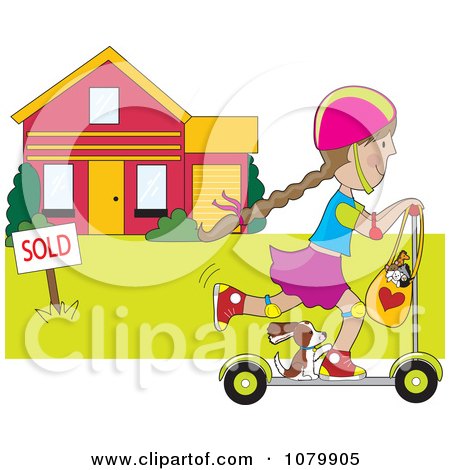 Clipart Girl And Dog Riding A Scooter Past A Sold House - Royalty Free Vector Illustration by Maria Bell