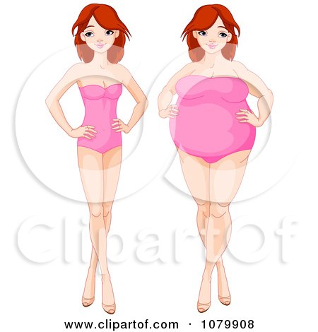 Clipart Red Haired Woman Shown As Skinny And Overweight - Royalty Free Vector Illustration by Pushkin
