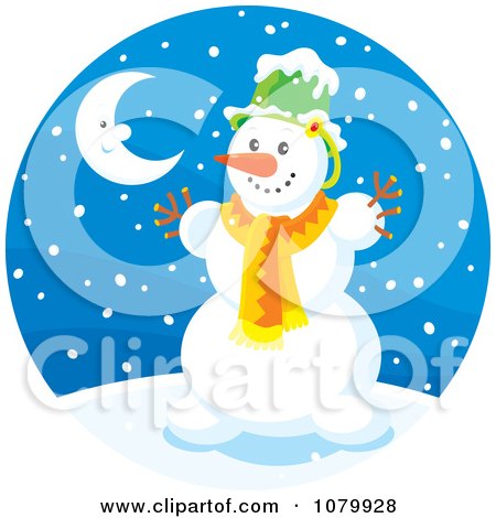Clipart Snowman And Crescent Moon On A Snowing Winter Night - Royalty Free Vector Illustration by Alex Bannykh