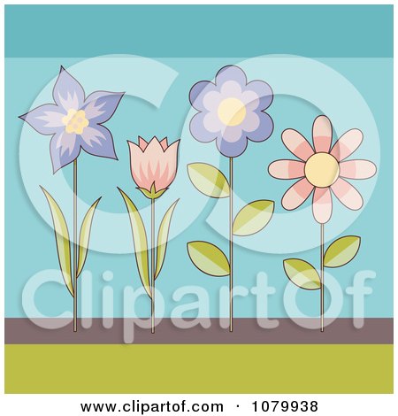 Clipart Purple And Pink Flowers On Blue - Royalty Free Vector Illustration by Any Vector