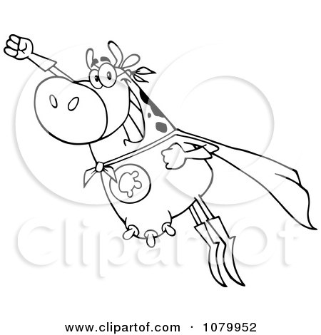 Clipart Outlined Super Cow Flying - Royalty Free Vector Illustration by Hit Toon