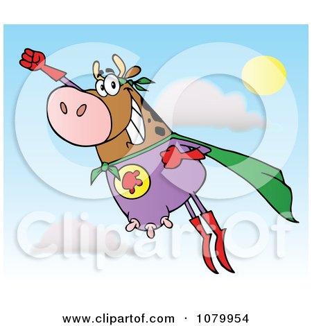 Clipart Brown Super Hero Cow Flying - Royalty Free Vector Illustration by Hit Toon