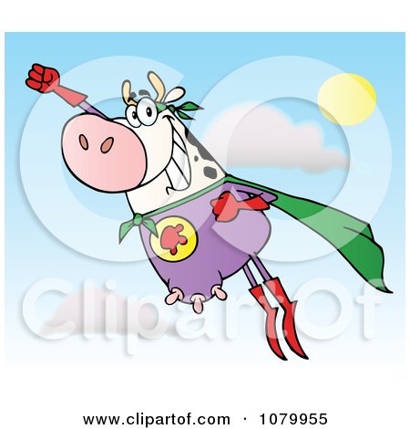 Clipart White Super Hero Cow Flying - Royalty Free Vector Illustration by Hit Toon