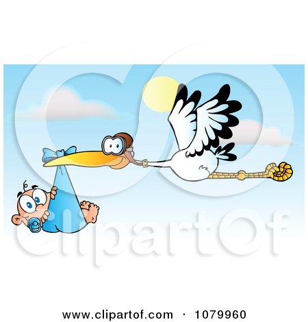 Clipart Baby Adoption Stork With A Caucasian Child Against A Sky - Royalty Free Vector Illustration by Hit Toon