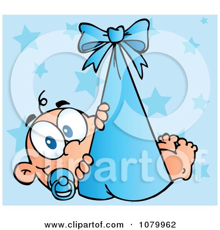 Clipart Caucasian Baby In A Blue Bundle Over Stars - Royalty Free Vector Illustration by Hit Toon
