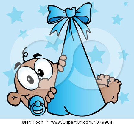 Clipart Black Baby In A Blue Bundle Over Stars - Royalty Free Vector Illustration by Hit Toon
