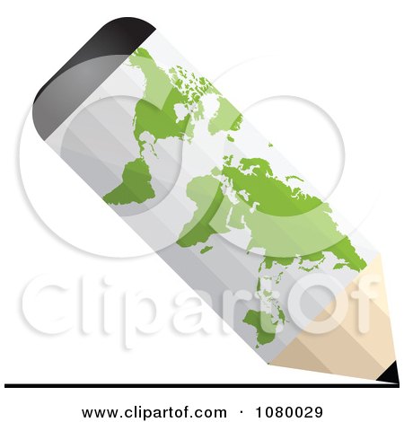 Clipart White 3d Pencil With A Green World Map - Royalty Free Vector Illustration by Andrei Marincas