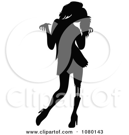 Clipart Black Silhouetted Female Zombie Holding Her Arms Up - Royalty Free Vector Illustration by Rosie Piter