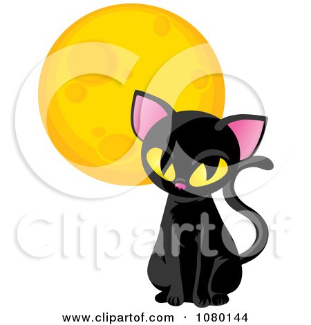 Clipart Sitting Black Cat And Yellow Moon - Royalty Free Vector Illustration by Rosie Piter