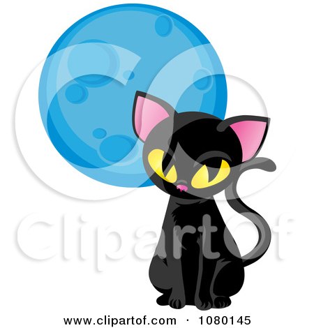 Clipart Sitting Black Cat And Blue Moon - Royalty Free Vector Illustration by Rosie Piter