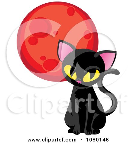 Clipart Sitting Black Cat And Red Moon - Royalty Free Vector Illustration by Rosie Piter