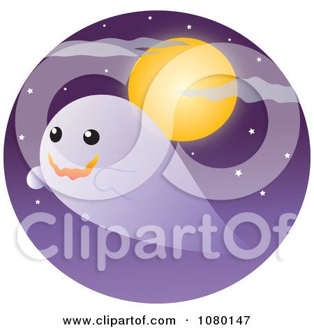Clipart Happy Ghost In A Purple Sky Against A Full Moon - Royalty Free Vector Illustration by Rosie Piter
