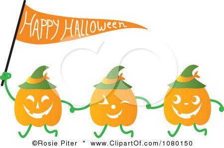 Clipart Pumpkins Walking And Holding Hands With A Halloween Flag - Royalty Free Vector Illustration by Rosie Piter