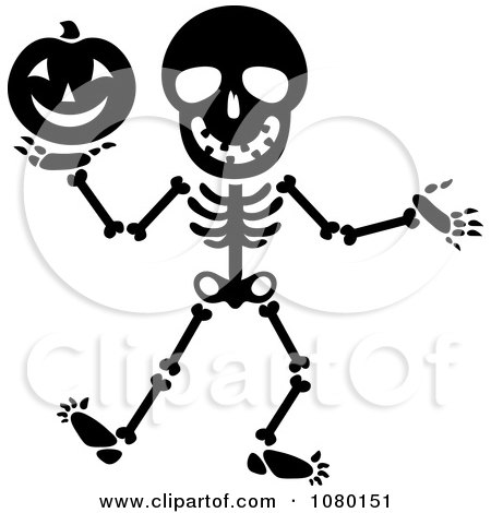 Clipart Black And White Skeleton Holding A Halloween Pumpkin - Royalty Free Vector Illustration by Rosie Piter
