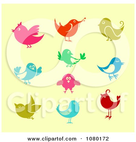 Clipart Colorful Communications Birds On Yellow - Royalty Free Vector Illustration by Vector Tradition SM