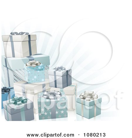 Clipart 3d Blue Silver And White Gift Boxes And Rays - Royalty Free Vector Illustration by AtStockIllustration