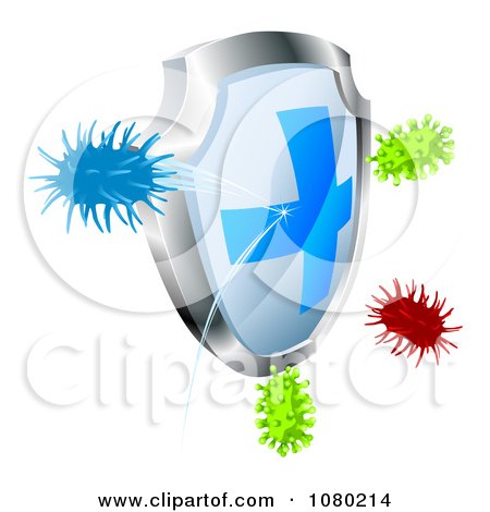 Clipart 3d Viruses Bouncing Off Of An Antibacterial Shield - Royalty Free Vector Illustration by AtStockIllustration